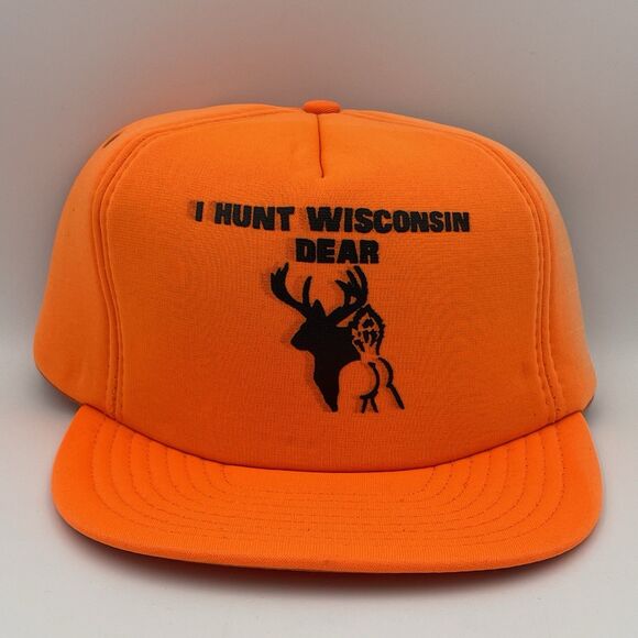 Vintage I Hunt Wisconsin Dear Deer Hunting Blaze Orange Foam Snapback Hat Cap - Picture 1 of 13